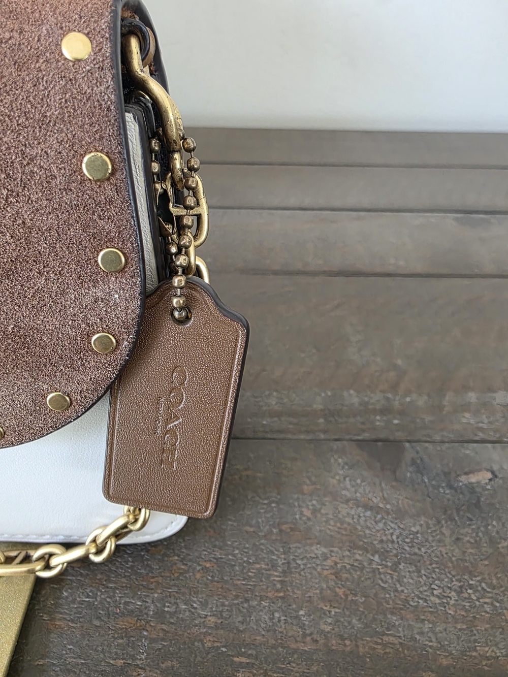 Coach Beat Crossbody Clutch Brown Suede White Leather Rivet Chain Strap - Picture 5 of 16